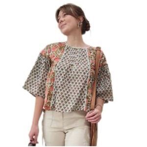 Rachel Zoe Womens Floral‎ Boho Bell Sleeve Pleated Flowy Blouse Multicolor Small